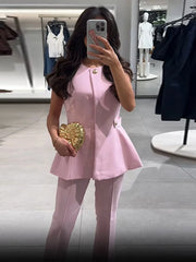 LIZAKOSHT - Elegant O-neck Pin Top Pant 2 Piece Sets Women Fashion Sleeveless Waist Cinching Top Straight Pants Suit Lady Summer Chic Set