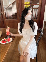 LIZAKOSHT  -   Summer French Vintage Dress Women Elegant Hollow Out Mini Dress Solid Lace Puff Sleeve One Piece Dress Korean Beach Style