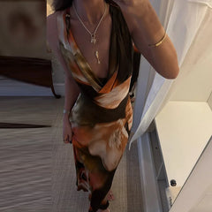 LIZAKOSHT - Fashion All Matching Sleeveless Party Dress Elegant Swinging Collar Halter Evening Dress Vintage Printed Slim Banquet Long Dress