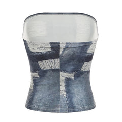 LIZAKOSHT - Fashion Imitation Denim Print Women Tube Top Y2K High Street Chic Fitted Sleeveless Crop Top Summer Sexy Tank Tops