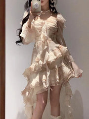 LIZAKOSHT - Elegant Fashion Tie Dye Dress for Women Y2k E-Girl Slim Waist 3D Ruffles Dresses Summer New Long Sleeve Vestidos Mujer