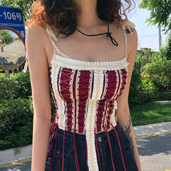 LIZAKOSHT - Skinny Strappy Women Summer Tassels Camisole Sexy Hollow Out Y2K Lolita Lace Crop Tops Vests Female Harajuku Streetwear