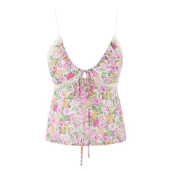 LIZAKOSHT - 2024 Women Lace Trim Floral Print Boho Camis Sexy Sleeveless V Neck Female Holiday Summer Crop Top