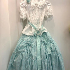 LIZAKOSHT - Lolita White Short Sleeved Harajuku Jk Shirts Women+ Y2k Sweet Bow High Waist Skirts 2025 Summer New Two Piece Sets