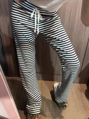 LIZAKOSHT - Casual Women Fashion Black Striped Drawstring Wide Leg Trousers Summer Vintage High Waist Female Chic Bottoms