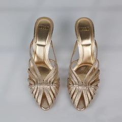 LIZAKOSHT - Summer Hollowed Out High Heels Mules Shoes for Women Luxury Golden Cross Woven Design Formal Party Brand Ladies Modern Sandals