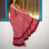 LIZAKOSHT - Boho Beach Vintage Plaid A-line Dress Checkerboard Print Ruffles Trim Flowy Dress Women Spaghetti Strap Maxi Dress