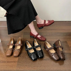 Lizakosht Korean Style Retro Mary Jane Shoes Square Toe Women's Shoes Bowknot PU Ballet Flats Spring/Autumn Flats Women Shoes
