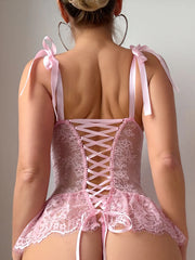 LIZAKOSHT - Lace Splicing Pink Underwear V Neck Hot Nightgown Sexy Pajama Lace Straps Sexy Thong Lingeries Women Sleepwear Dresses