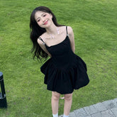 LIZAKOSHT - Princess Fashionable, Simple, and High End Waist Wrapped Small Black Dress French Flower Bud Sling Dress Trendy