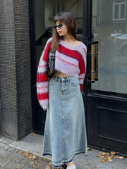 LIZAKOSHT - Early Spring Street American Retro Spicy Girl Stripe Contrast Knitted Sweetheart Academy Style Versatile Short Sweater