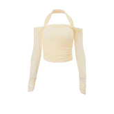LIZAKOSHT - Hot Sexy Halter Ruched Women Skinny T-shirts Off Shoulder Solid Color Long-sleeved Autumn Streetwear Club Top Clothing