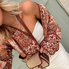 LIZAKOSHT - Women Contrast Color Flower Print V Collar Quilted Jacket Ethnic Front Pockets Quilting Full Sleeve Loose Coat