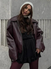 LIZAKOSHT  -  Red Lapel Leather Cropped Jackets Women Zipper Long Sleeve Coat 2025 New Fashion Retro Autumn Vacation High Street Outerwears