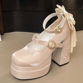 LIZAKOSHT - 2026 Big Size 42 Sweet Butterfly knot Ankle Strap Party Pumps Y2K Black Platform Shoes Cute Lolita Super High Square Heels Pumps