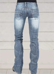 LIZAKOSHT - Low-waisted Women Flared Jeans Fashion Vintage Whitish Blue Washable Denim Pants Slim Fit Trousers Female Chic Casual Streetwear