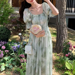 LIZAKOSHT - Green Woman Dresses Square Neck Elegant Spring Summer Vestidos Mujer Puff Sleeve Beach Style Retro Long Dress