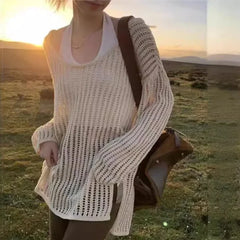 LIZAKOSHT - Outer Cover for Women 2024 Spring Summer Thin Long Lazy Air Conditioning Sweater Premium Top Long Sleeve Hollow Knitted Sweater