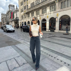 LIZAKOSHT - White Turtleneck Knitted Top Sleeveless Vest Sweater Women Elegant Bodycon Tops Vests Sweaters Blue Pullovers Hipster Street New