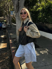 LIZAKOSHT  -  Women's Lapel Contrast Long Sleeve Jacket Chic Leather Patchwork Zipper Short Coats 2024 Fall Winter Female Fashion Casual Coat