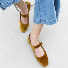 LIZAKOSHT - Designer Women Velvet Mary Janes Belt Strap Shoes Ladies Square Toe Flats Ballerina Dress Barefoot Loafers Brides Ballets Femmes