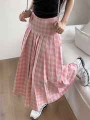 LIZAKOSHT - Midi Long Skirt Womens Pink Plaid Skirt Spring Summer Korean Casual High Waist Ladies Lolita Pleated Skirt rok