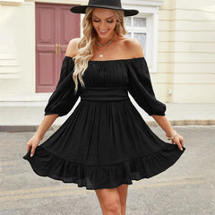 LIZAKOSHT - Off Shoulder Puff Sleeve Sexy Dress for Women Boho Beach Wear Vestidos Vintage High Waist Ruffles Summer Dress