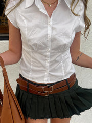 LIZAKOSHT - Casual Solid White Crop Blouses for Women Fashion Turn-down Neck Shirts Streetwear Korean Y2K Button Up Clothings