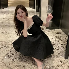 LIZAKOSHT  -  French Bubble Sleeved A-line Skirt For Womens Clothing 2024 Summer New Bow Short Sleeved Dress Female Square Neck Dresses