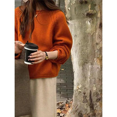 LIZAKOSHT - Sweater for Women Casual Soft Warm Sweater Solid Lantern Sleeve Knitted Short Pullovers Korean Loose Outerwear White Jumper