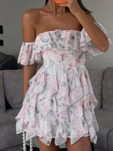 LIZAKOSHT - Women Pink Floral Print Chiffon Mini Dress Off Shoulder Short Sleeve Layer Ruffle Hem Summer Dresses Beach Vacation Party Gown