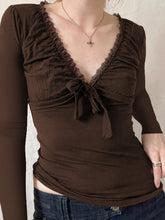 LIZAKOSHT - Vintage V-neck Lace-up T-shirts for Women Fashion Slim Long Sleeve Tees All-match Autumn Harajuku Casual Tops Coquette