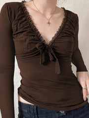 LIZAKOSHT - Vintage V-neck Lace-up T-shirts for Women Fashion Slim Long Sleeve Tees All-match Autumn Harajuku Casual Tops Coquette