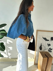 LIZAKOSHT - Denim Long Lantern Sleeve Shirts Women Single Breasted Turn-down Collar Loose Shirts Vintage 2025 Spring Commute Blouse Tops