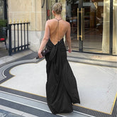 LIZAKOSHT - Fashion Sexy U Neck Backless Ruched Bodycon Maxi Dress Sleeveless Black Evening Party Slim Split Long Vestidos Ladies Streetwear