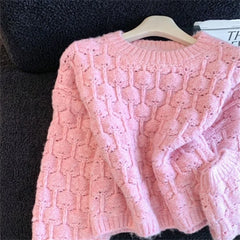 LIZAKOSHT - Women's All-match Retro Pullover Elegant Tops Winter New Knitwear Short Sweater Casual Hollow Out Knitting Sweater Pullover