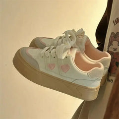 LIZAKOSHT - Pink Heart Patchwork Sneakers Sweet Korean Style Low-top Womens Sports Shoes Versatile Casual Pu Leather Female Shoes