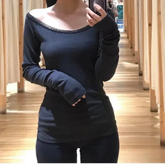 LIZAKOSHT - Women Dark Gray Lace Trim Long Sleeve T-shirt Autumn Scoop Neck Cotton Slim Tees American Vintage Streetwear Tshirt Tops