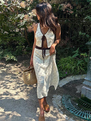 LIZAKOSHT - Women Vest Suit Lace Up Sleeveless Dress Set Hollow Out Knitted Rose Sexy Dresses Mesh Mermaid Skirt 2 Pcs Split Women Clothing