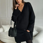 Lizakosht V Neck Sweater Women Mid Length Solid Loose Relaxed Knit Vacation Casual Dresses For Autumn Winter Pareo Outlet Vestido