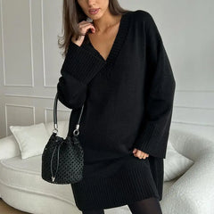 Lizakosht V Neck Sweater Women Mid Length Solid Loose Relaxed Knit Vacation Casual Dresses For Autumn Winter Pareo Outlet Vestido