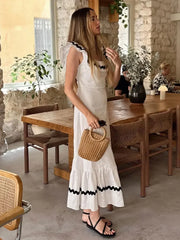 LIZAKOSHT - Women Elegant Contrast Spliced Ruffles Hem Long Dress Fashion Square Neck Backless Sleeveless Robes Female Chic Holiday Vestidos