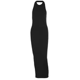LIZAKOSHT - 2025 Ladies Classic Backless Hanging Neck Off-shoulder Fashion Sexy Bodycon Package Hip Split Hem Maxi Dress Party Clothing