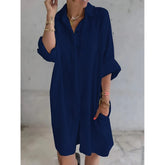 LIZAKOSHT - Women Cotton Linen Solid V Neck Shirt Dress Ladies Autumn Casual Baggy Pockets Sundress