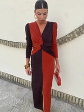 LIZAKOSHT - Patchwork Long Sleeve Slit Women Maxi Dress Green Deep V-neck Ruched Autumn Winter Skinny Elegant Party Evening Dress