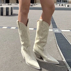 LIZAKOSHT - Retro Western Boots Vintage Cream Cowboy Boots Women Shoes Embroidered Pull On Chunky Heels Mid Calf Black Cowgirls Boots