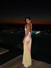 LIZAKOSHT  -  Elegant Print Halter Long Dress Women Backless Lace Up Sleeveless Beach Vestido Female 2025 Spring Summer Fashion Chic Dresses