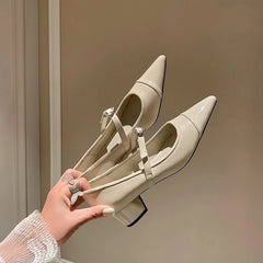 LIZAKOSHT - Leather Custom Rhinestone Metal Belt Buckle Mary Jane Women's Shoes Retro Pointed Square Heel Casual Shoes for Wedding Banquet
