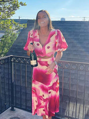 LIZAKOSHT - Chic Floral Printing Long Skirt Sets Women Elegant V-Neck Short Puff Sleeve Shirt High Waist Split Skirt Lady Sexy 2 Pieces Sets