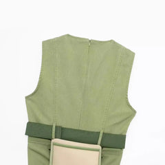LIZAKOSHT - Europe and America Wind Spring New Round Neck Leisure Green Fashion with Belt Sleeveless Tooling Vest Skirt Dress